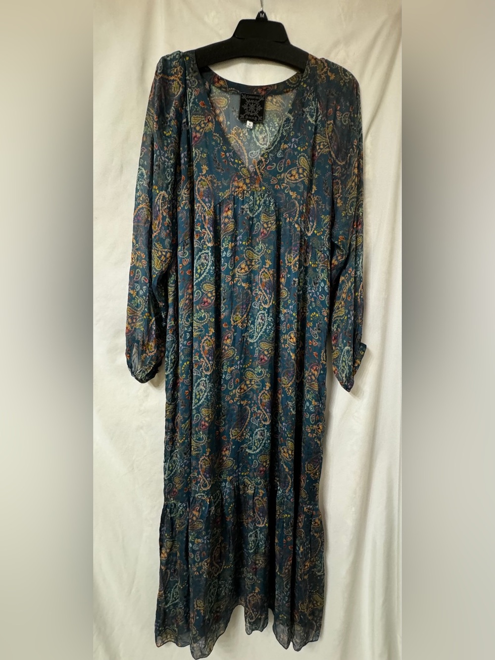 Johnny Was Teal Paisley Long Sleeve Maxi Dress